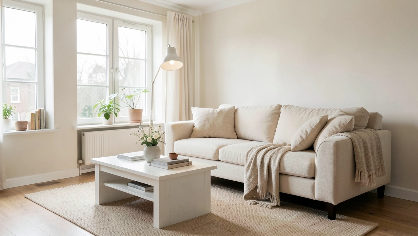Beżowa kanapa z białymi meblami